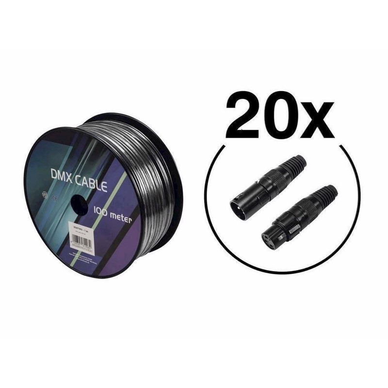 100 Meter Dmx Kabel + 40 Stk. 3 Pol Dmx Stik. (20 Han & 20 Hun) fra Eurolite