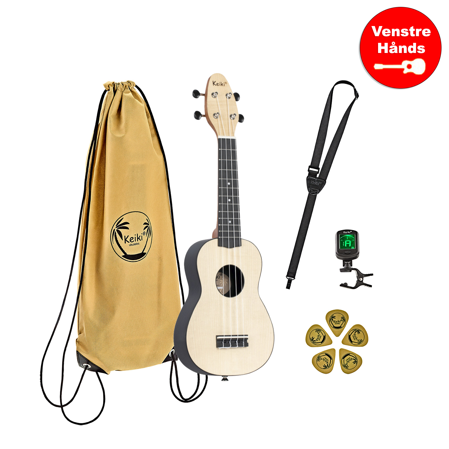 Keiki K2 "maple" Sopran Ukulele Pack   Venstrehånds fra Ortega