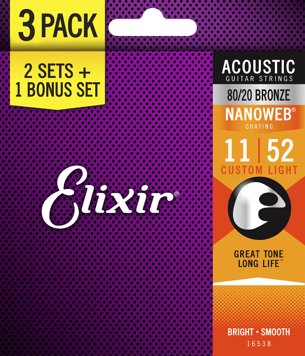 Nanoweb Bronze 80 20   Western Strenge 011 052 Custom Light   3 Pack fra Elixir